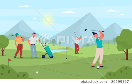 Group playing golf. People on green fields hit ball with sticks, driven in holes, sports outdoor game, mountain landscape, summer outdoor activity, vector cartoon flat isolated concept Group playing golf. People on green fields hit ball with sticks, driven in holes, sports outdoor game, mountain landscape, summer outdoor activity, vector cartoon flat isolated concept 86599567