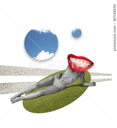 Contemporary art collage. Slim woman body in underwear with big female mouth head lying on grass isolated over white background Contemporary art collage. Slim woman body in underwear with big female mouth head lying on grass isolated over white background 86599840