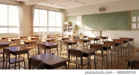 An unmanned classroom with a refreshing morning sun / School life ・ Concept image of youth and nostalgia 86600030