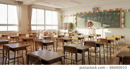 Classroom on the day of the graduation ceremony with a chalk message drawn on the blackboard / Concept image of graduation and start 86600033