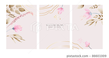 Abstract watercolor art background in pastel powder, gold and pink colors. Botanical minimal style wallpaper with flowers and leaves, Organic shapes watercolor. Background for banner, poster Abstract watercolor art background in pastel powder, gold and pink colors. Botanical minimal style wallpaper with flowers and leaves, Organic shapes watercolor. Background for banner, poster 86601009