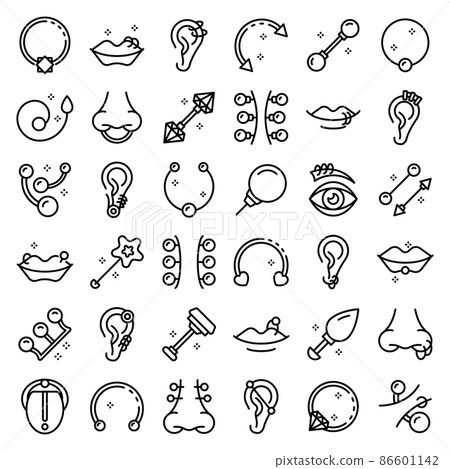 Piercing icons set, outline style Piercing icons set, outline style 86601142