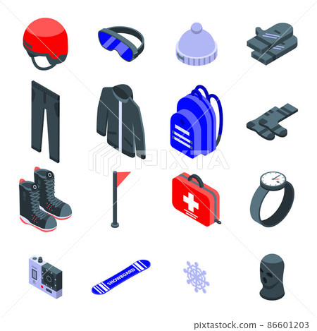 Snowboarding equipment icons set, isometric style 86601203