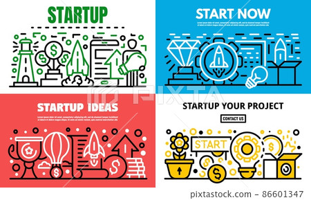 Media startup banner set, outline style Media startup banner set, outline style 86601347