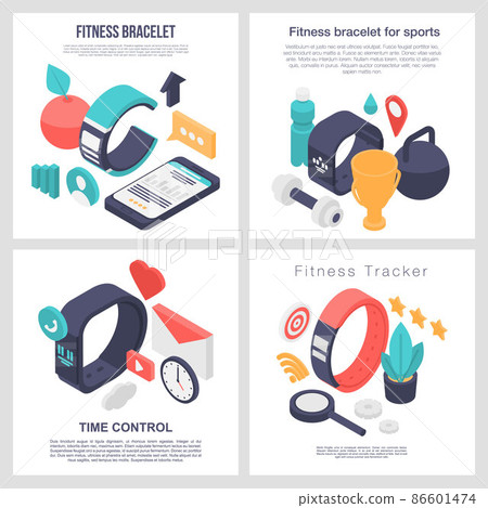 Fitness bracelet accessory banner set, isometric style 86601474