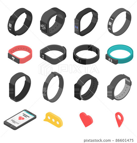 Fitness bracelet icons set, isometric style 86601475