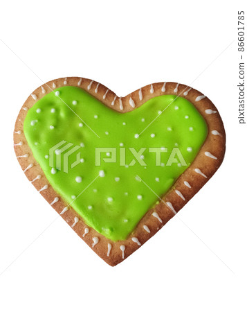 heart shaped decorated cookie isolated on white background. Valentine's Day, greeting card, pastry, Copy space, top view, love concept 86601785