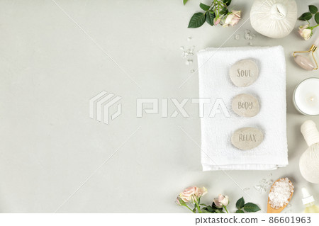 Natural SPA composition and zen stones with words Soul, Body, Relax 86601963