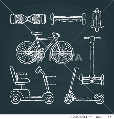 Set of scooter and bike sketches on chalkboard 86602253