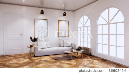 Loft style with white wall on wooden floor and sofa armchair on carpet.3D rendering Loft style with white wall on wooden floor and sofa armchair on carpet.3D rendering 86602434