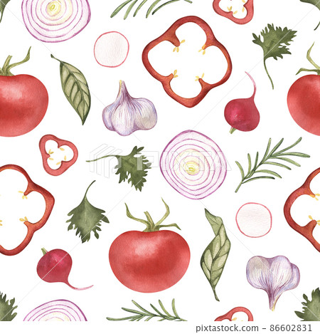 Seamless pattern. Watercolor vegetables with paint splatter. cucumber, salad, tomato, organic, avocado, leaves. Hand drawn Illustrations. on white background. For restaurant, kitchen, textile, fabric. Seamless pattern. Watercolor vegetables with paint splatter. cucumber, salad, tomato, organic, avocado, leaves. Hand drawn Illustrations. on white background. For restaurant, kitchen, textile, fabric. 86602831