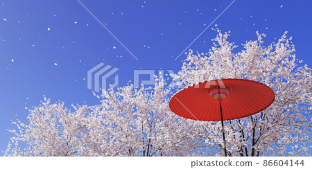 Landscape with cherry blossoms in full bloom and red field umbrellas flying in the blue sky / Symbolic image of spring in Japan / 3D rendering Landscape with cherry blossoms in full bloom and red field umbrellas flying in the blue sky / Symbolic image of spring in Japan / 3D rendering 86604144