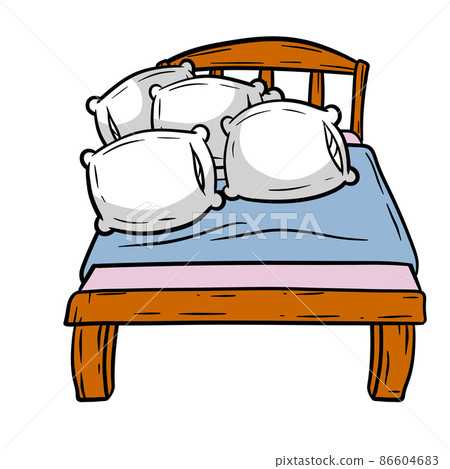 Bed with white pillow. Bedroom and room element. Place to sleep and relax. Bed with white pillow. Bedroom and room element. Place to sleep and relax. 86604683