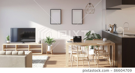 Living interior with refreshing light 3D rendering graphics for home office and remote work 86604709