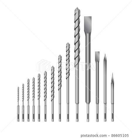 Realistic 3d Detailed Metallic Drill for rock-drill or perforator Bits Set Tools for Construction Work, Drilling Hole. 86605105