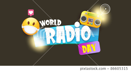 Vector World radio day horizontal banner with old cassette stereo player isolated on abstract grey background. Cartoon funky hipster Radio day banner, label, sign, icon or poster with radio 86605315