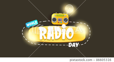 Vector World radio day horizontal banner with old cassette stereo player isolated on abstract grey background. Cartoon funky hipster Radio day banner, label, sign, icon or poster with radio 86605316
