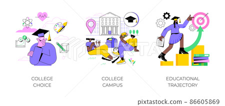Student life abstract concept vector illustration set. College choice, college campus, educational trajectory, assessment test, graduation, campus tour, university events, library abstract metaphor. Student life abstract concept vector illustration set. College choice, college campus, educational trajectory, assessment test, graduation, campus tour, university events, library abstract metaphor. 86605869