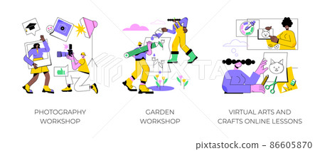 Free educational courses abstract concept vector illustration set. Photography and garden workshop, virtual arts and crafts online lessons, improve skills, creative lab, DIY abstract metaphor. Free educational courses abstract concept vector illustration set. Photography and garden workshop, virtual arts and crafts online lessons, improve skills, creative lab, DIY abstract metaphor. 86605870