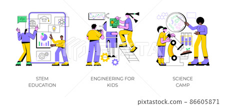 Fun learning activities abstract concept vector illustration set. STEM education, engineering for kids, science camp, technology class, laboratory experiment, early development abstract metaphor. 86605871