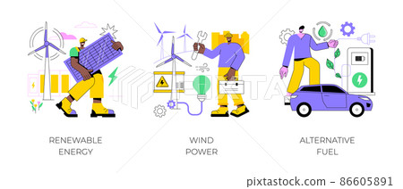 Clean energy abstract concept vector illustration set. Renewable energy, wind power, alternative fuel, solar panels, green electricity, charging station, light bulb, windfarm abstract metaphor. Clean energy abstract concept vector illustration set. Renewable energy, wind power, alternative fuel, solar panels, green electricity, charging station, light bulb, windfarm abstract metaphor. 86605891