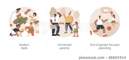 Parenting roles abstract concept vector illustration set. Modern dads, unmarried parents, end of gender-focused parenting, gender equality, active family, partners living together abstract metaphor. 86605914