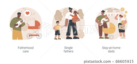 Fathers role abstract concept vector illustration set. Fatherhood care, single fathers, stay-at-home dads, happy kid, parental leave, spend time with child, man feeding baby abstract metaphor. Fathers role abstract concept vector illustration set. Fatherhood care, single fathers, stay-at-home dads, happy kid, parental leave, spend time with child, man feeding baby abstract metaphor. 86605915