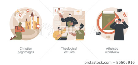 Religious doctrine abstract concept vector illustration set. Christian pilgrimages, theological lectures, atheistic worldview, church fathers, monks in monastery, prayer to god abstract metaphor. Religious doctrine abstract concept vector illustration set. Christian pilgrimages, theological lectures, atheistic worldview, church fathers, monks in monastery, prayer to god abstract metaphor. 86605916
