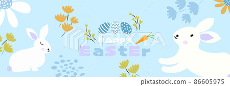 Happy Easter banner, poster background graphic design, decoration with bunnies, Easter eggs and flowers 86605975