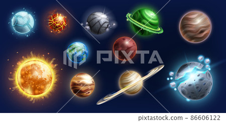Space alien planet vector icon set, game UI fantasy galaxy sphere kit, ice surface asteroid, Sun 86606122