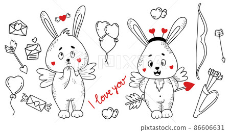 Set with pair of cute cupid bunnies with wings, with hearts and love letters, balloons and bow with arrows. Vector illustration in hand drawn linear doodle style 86606631