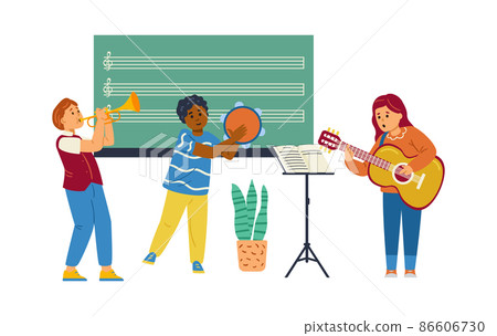Kids practice guitar, tambourine and trumpet at music class. Children music band play a song. Cartoon flat vector illustration. 86606730