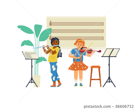 Little children playing the flute and violin, flat vector illustration isolated. Little children playing the flute and violin, flat vector illustration isolated. 86606732