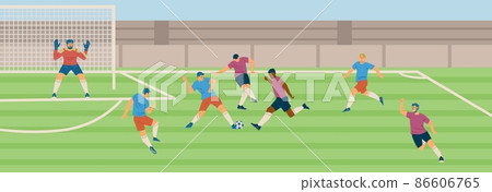 Football or soccer game process, professional players kicking and passing ball on the field, flat vector illustration. 86606765