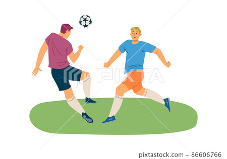 Footballers kicking the ball during soccer game, flat vector illustration isolated on white background. Footballers kicking the ball during soccer game, flat vector illustration isolated on white background. 86606766