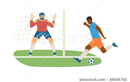 Professional football players in uniform kicking and catching the ball, flat vector illustration isolated on white. Professional football players in uniform kicking and catching the ball, flat vector illustration isolated on white. 86606768