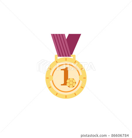 Sport winner gold medal with red ribbon, flat vector illustration isolated. 86606784