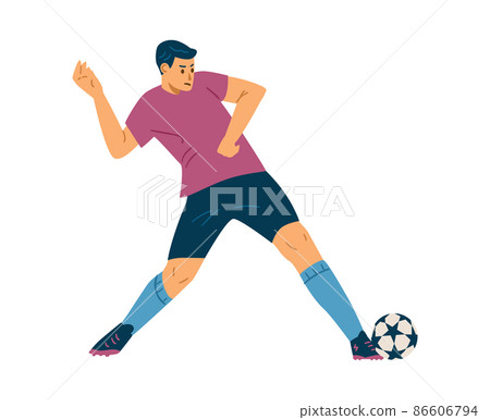 Soccer player kicks the ball with his leg, flat vector illustration isolated on white background. 86606794