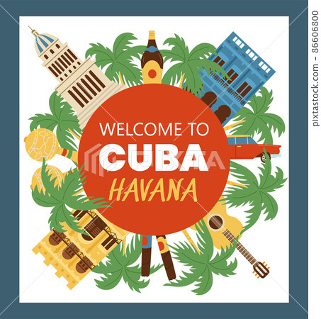 Welcome to Cuba and Havana square banner or postcard, flat vector illustration. Welcome to Cuba and Havana square banner or postcard, flat vector illustration. 86606800
