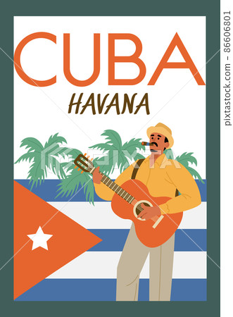 Cuba Havana banner with cuban man playing guitar, flat vector illustration. Cuba Havana banner with cuban man playing guitar, flat vector illustration. 86606801