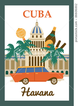 Havana, Cuba poster or postcard. Retro car and National Capitol Building landmark on the background 86606802