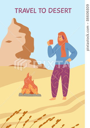 Travel to desert banner or poster with woman tourist, flat vector illustration. 86606809