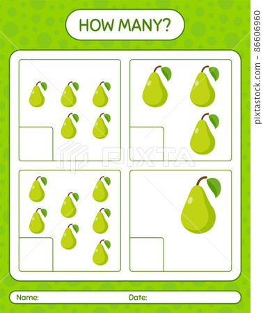 How many counting game with pear worksheet for preschool kids, kids activity sheet, printable worksheet 86606960