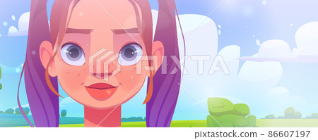 Cute girl face with freckles and summer landscape 86607197