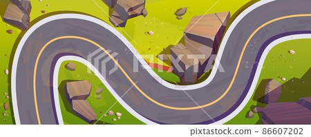 Top view of winding car road, mountain serpentine 86607202
