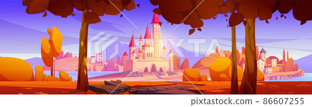 Magic castle and medieval town buildings, autumn 86607255