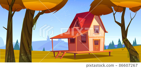 Cottage in autumn forest landscape, wooden house - Stock Illustration ...