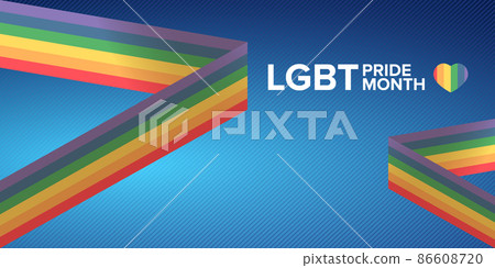 Happy pride month horizontal banner with pride color striped ribbon flag isolated on blue background. LGBT Pride month or pride day poster, flyer, invitation party card modern style design template. 86608720