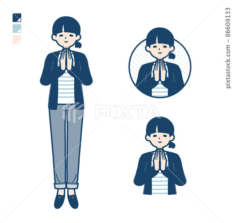 Illustration of a woman with one knot hair holding hands 86609133