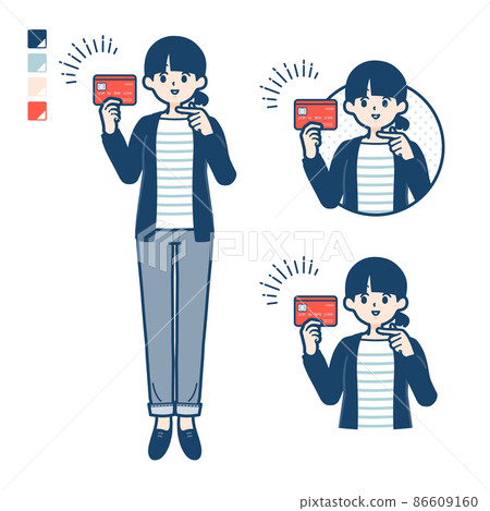 一個女人用一根結頭髮指著信用卡的插圖 86609160